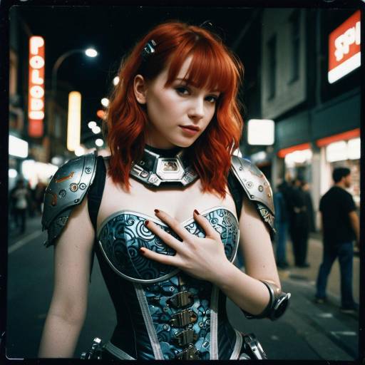 Red-Haired Mecha Pilot in Metallic Corset at Night