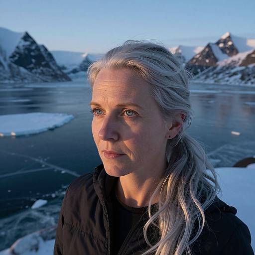Photograph of a middle-aged woman with silver hair, wearing a black jacket, standing by a frozen lake with snow-covered mountains in the background under a