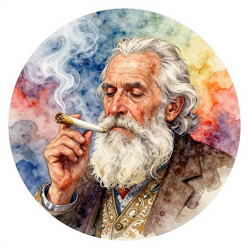 Elderly Man Smoking Joint Watercolor