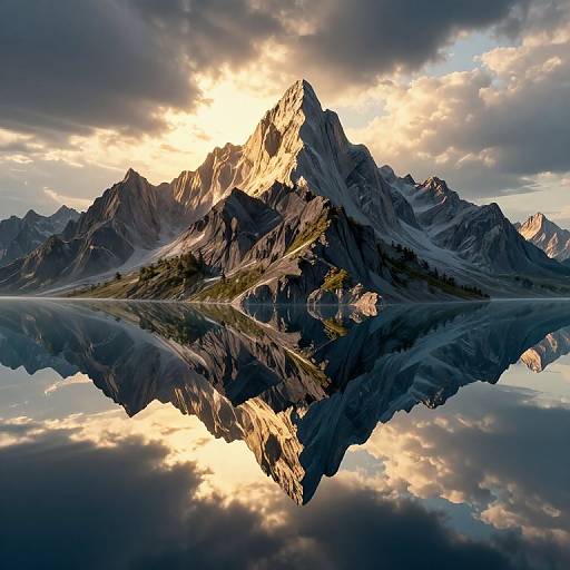 Photograph of a jagged mountain peak reflected in a serene, mirror-like lake, bathed in golden sunlight with dramatic clouds.
