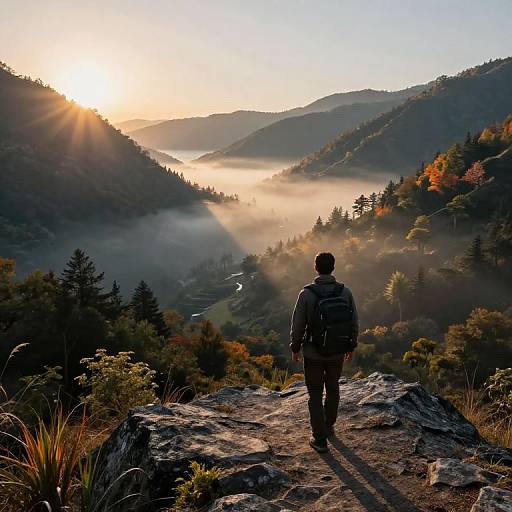 Photograph of a hiker with a backpack standing on a rocky path, facing a misty, sunlit valley with autumn-colored trees.