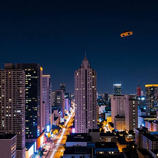 Nighttime cityscape photograph of a bustling urban skyline with illuminated skyscrapers, a brightly lit street, and a glowing UFO in the dark blue sky