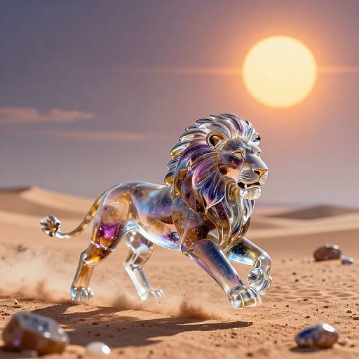 Photorealistic CGI of a transparent, metallic lion with a reflective mane running through a sunlit desert, with rocky terrain and a glowing sun in the