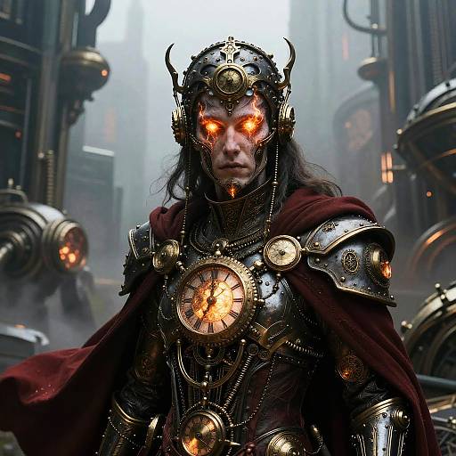 Digital artwork of a dark-haired, glowing-eyed, armored warlord with horned helmet, red cloak, and clockwork chest plates in a steamp