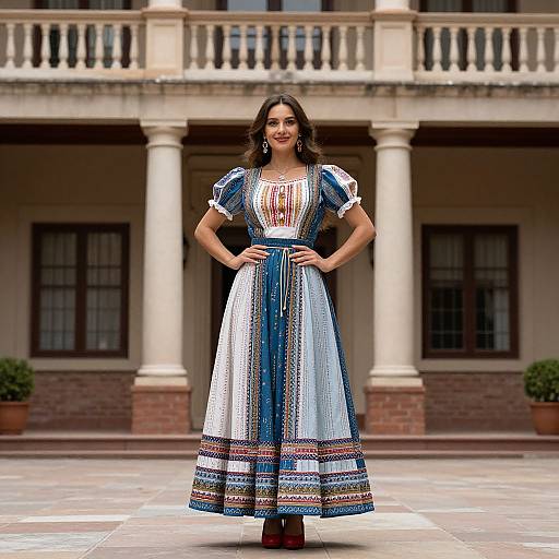 Woman in National Dress by Building