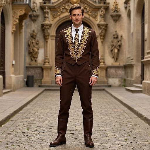 Photograph of a young man with short dark hair, standing in an ornate stone courtyard, wearing a dark brown, gold-embroidered suit