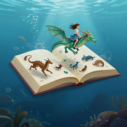 Digital illustration: A brown-haired girl in a blue dress rides a green dragon above an open book, floating underwater with various mythical creatures, including a wolf