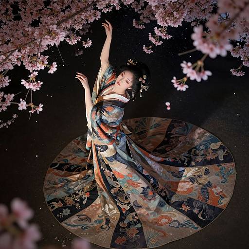Photograph of a graceful woman in a colorful, patterned kimono, dancing under cherry blossoms, illuminated by soft, pink light.