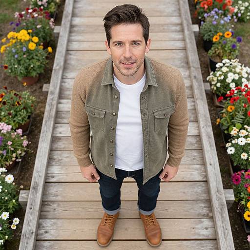 Photograph of a smiling, fair-skinned man with dark hair, wearing an olive jacket, white tee, dark jeans, and brown boots, standing