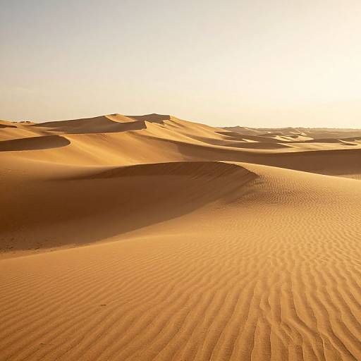 Photograph of sunlit desert sand dunes with golden-orange ripples, casting intricate shadows, under a bright, clear sky at sunset.
