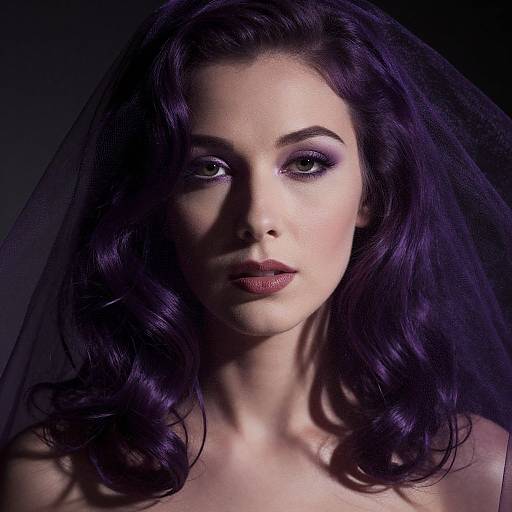 Photograph of a pale-skinned woman with dark purple, wavy hair, wearing a sheer black veil, heavy black eyeliner, and dark red