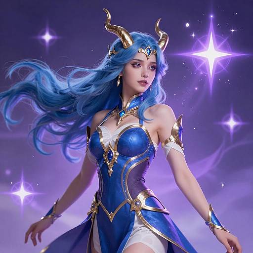 Fantasy Sorceress with Blue Hair and Golden Horned Crown