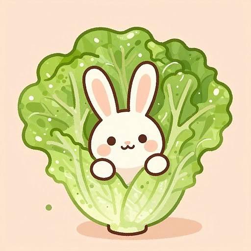 Cute digital drawing of a white bunny with pink ears, blushing cheeks, and a smile, nestled inside a vibrant green, detailed broccoli head.