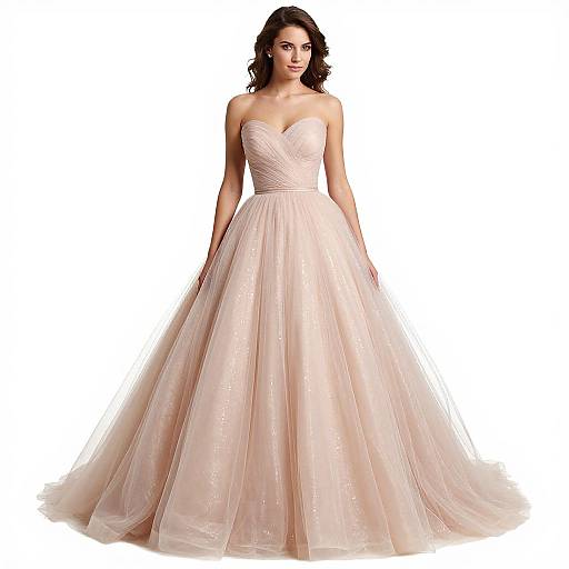 Photograph of a dark-haired woman in a strapless, pale pink, full-skirted wedding gown with a fitted bodice and subtle sparkle details