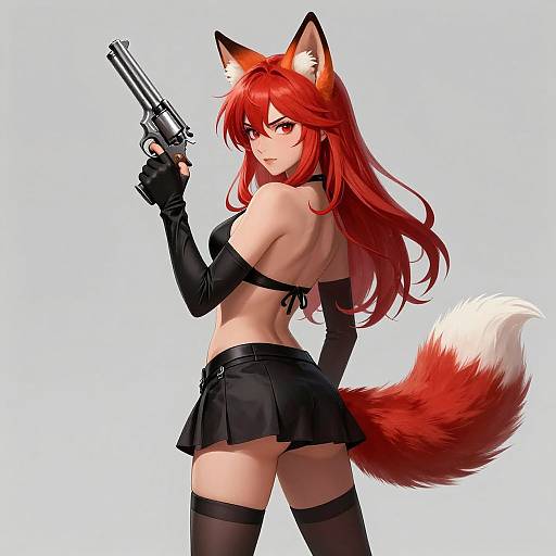 Digital anime-style drawing of a red-haired fox-girl with white-tipped ears and tail, wearing a black crop top, mini skirt, gloves, and