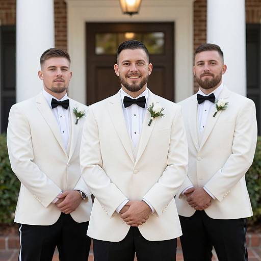 Photograph of three bearded men in white tuxedos with black bow ties and white rose boutonnieres, standing in front of a brick