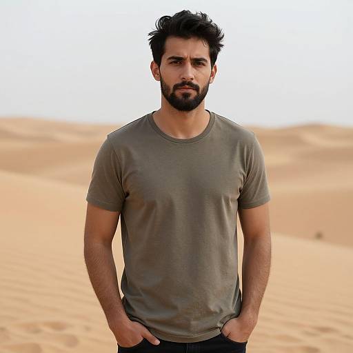Photograph of a handsome, bearded man with dark hair, wearing a gray t-shirt, standing in a sandy desert with hands in pockets.