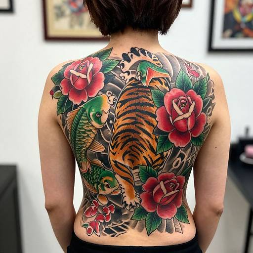 Tattooed back of a person with vibrant tiger, koi fish, roses, and greenery, framed by red roses. Photographed in