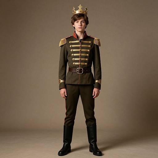 Photograph of a young boy in a black military-style uniform with gold epaulettes, gold buttons, and a golden crown, standing against a