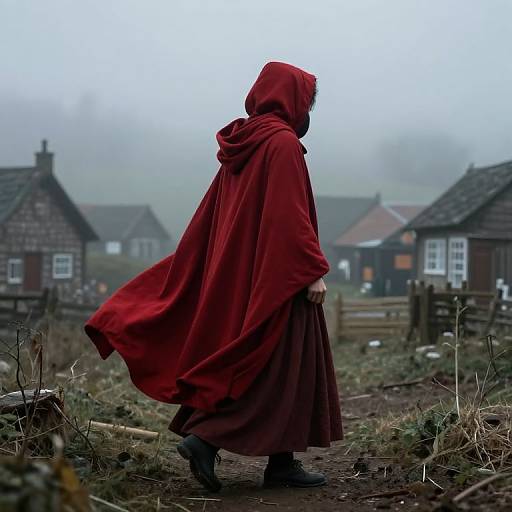 Photograph of a person in a vibrant red hooded cloak walking on a misty rural path with foggy houses in the background.