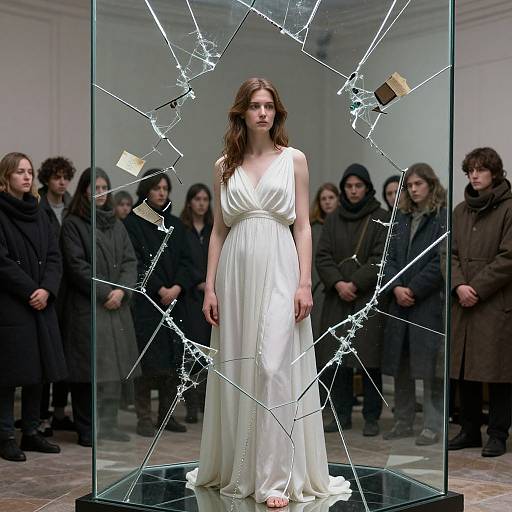 Photograph of a woman in a white, sleeveless, flowing gown standing in a shattered glass cube, surrounded by solemn, dark-cloaked on