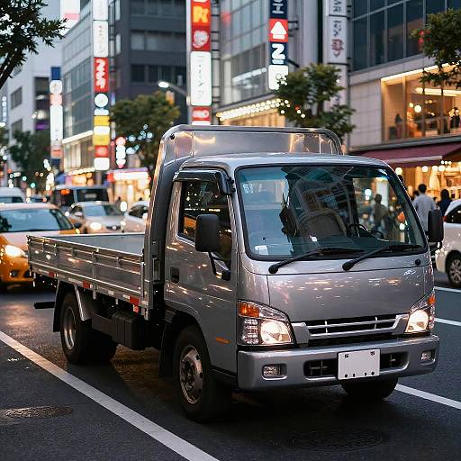Photograph of a silver cargo van driving on a busy, illuminated city street at night, surrounded by brightly lit buildings and other vehicles.