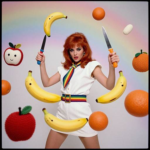 1980s Fashion Model with Knitted Fruits