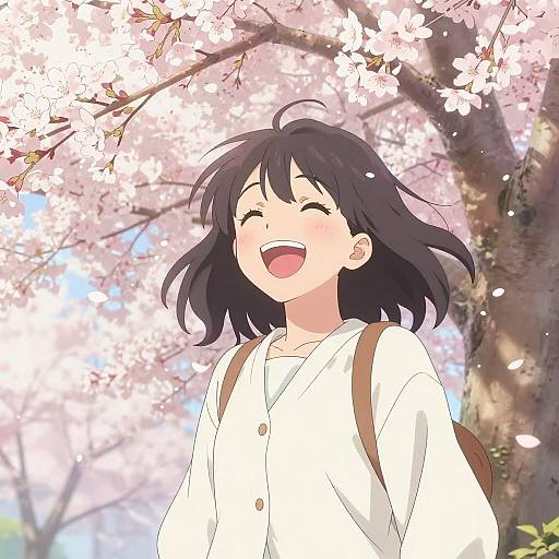 Anime Girl Laughing Under Cherry Blossoms