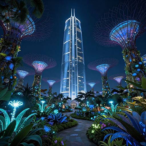 Photorealistic CGI of a futuristic cityscape at night, featuring a glowing skyscraper surrounded by vibrant, neon-lit, bioluminescent flora