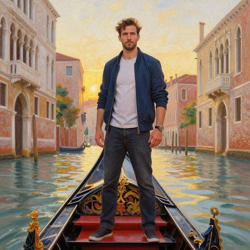 Photorealistic digital artwork of a bearded man with tousled hair, wearing a navy jacket and white shirt, standing confidently on a gondola