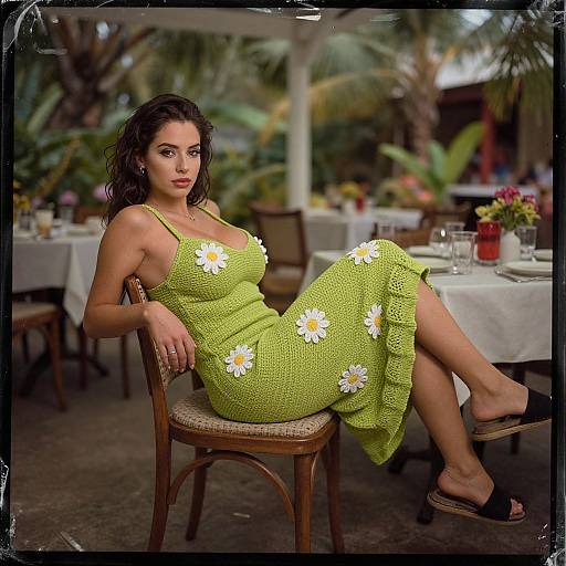 Photograph of a curvy woman with dark wavy hair, wearing a green dress with white daisy patterns, sitting on a chair outdoors, tropical