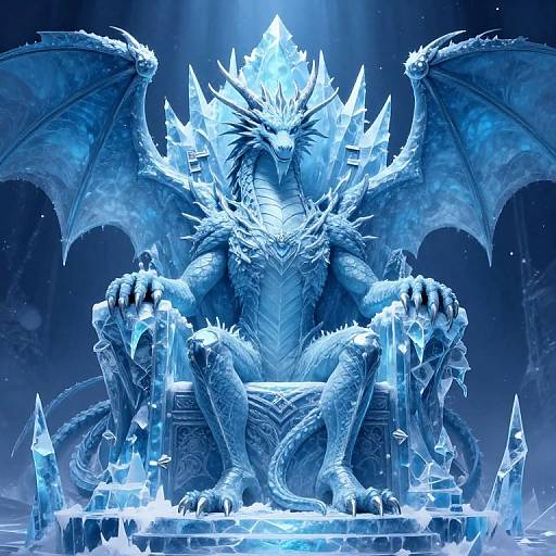 Digital artwork of a powerful, blue, ice-encrusted dragon throne with large wings, sharp spines, and glowing ice crystals surrounding it.