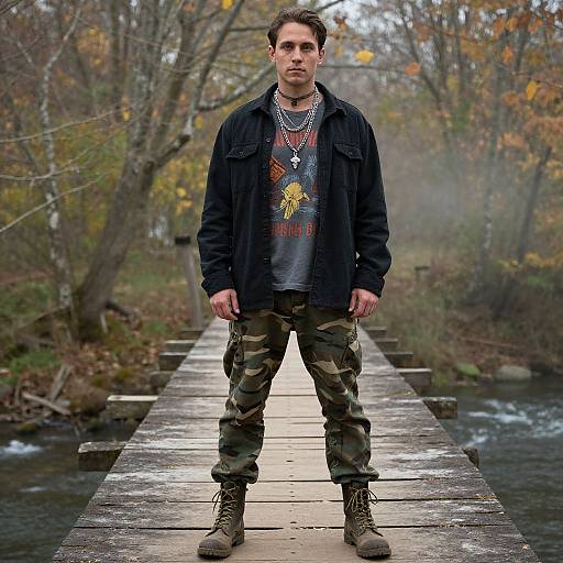 Photograph of a man with short brown hair, wearing a black jacket, camouflage pants, and brown boots, standing on a wooden bridge in a fog