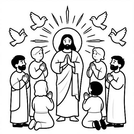 Black and white illustration of Jesus with halo, surrounded by eight men and two kneeling children, with four birds above.