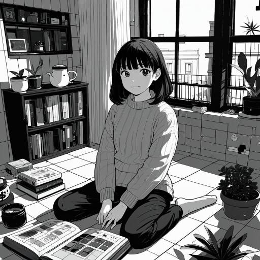 Cozy Monochrome Girl with Books