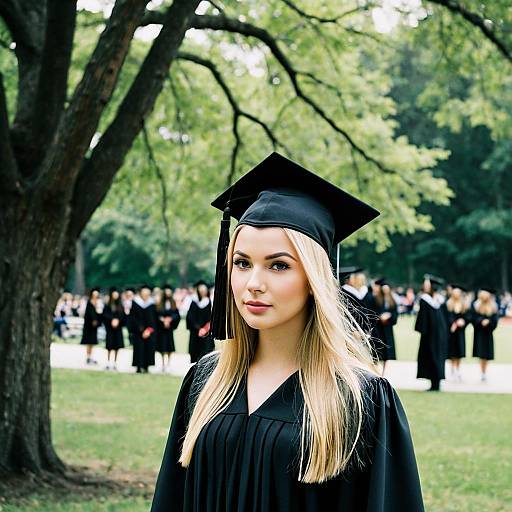 Blonde Graduate in Black Cap and Gown Outdoors