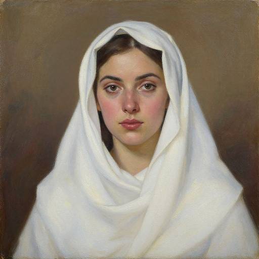 Realistic oil painting of a young woman with fair skin, dark eyes, and brown hair, wearing a white veil against a brown background.