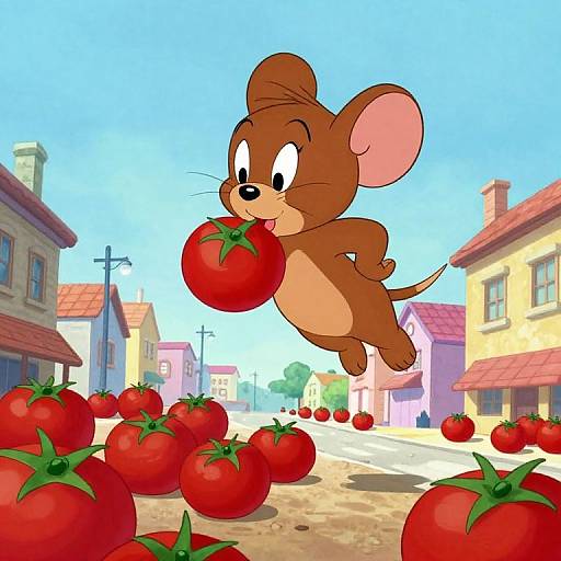 Cartoon mouse mid-leap, holding a large tomato, amidst a street filled with red tomatoes, colorful buildings in the background.