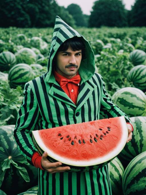 Man in Watermelon Costume Holding Watermelon Slice