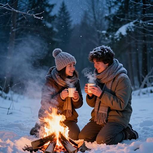 Photograph of a smiling couple in winter clothes, kneeling by a campfire in a snowy forest, holding mugs, at twilight.