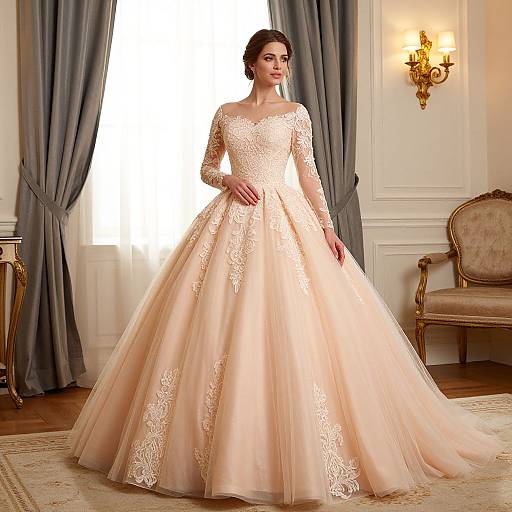 Photograph of a fair-skinned woman in an elegant, long-sleeved, lace-embellished, peach-colored ball gown, standing in
