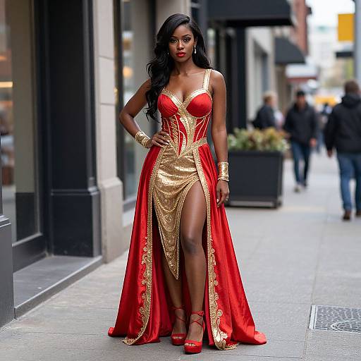 Photograph of a confident Black woman with long black hair, wearing a red and gold, high-slit evening gown and red heels, standing on a