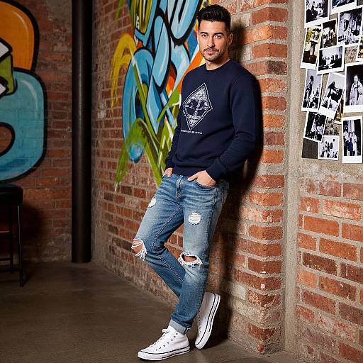 Photograph of a bearded man in a black sweatshirt, ripped jeans, and white sneakers leaning against a graffiti-covered brick wall. Urban, casual