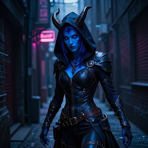 Cyberpunk fantasy: Blue-lit, horned, armored woman with hood, leather corset, and belts, walks down a neon-lit
