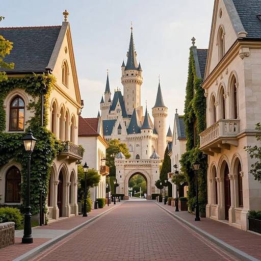 Photograph of a picturesque castle with multiple pointed towers, flanked by two ornate, ivy-covered buildings with arched windows, on a brick