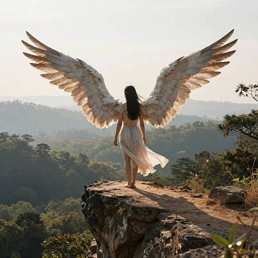 Photograph of a woman with large white angel wings, standing on a cliff, back to the camera, wearing a flowing white dress, overlooking a lush
