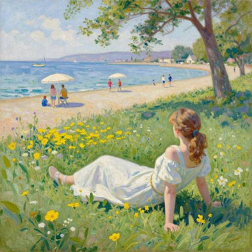 Digital painting of a woman in a white dress, sitting in a grassy field with yellow daisies, watching a sunny beach with people and umb