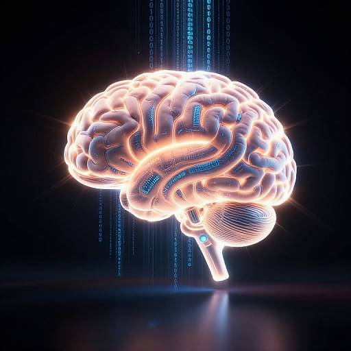 Digital CGI of a glowing, neon-lit human brain with vibrant blue and orange hues, set against a dark background with vertical blue lines.