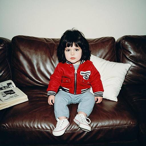 Photograph of a young child with black hair, wearing a red jacket, light blue pants, and white sneakers, sitting on a brown leather couch with