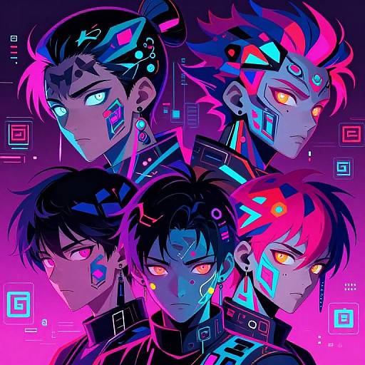Digital anime-style artwork featuring four androgynous characters with neon cyberpunk designs, glowing eyes, and vibrant pink, blue, and purple accents.